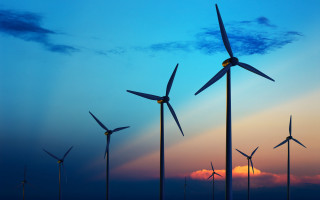 Wind turbines field sunset blue - free seasons wallpaper for desktop