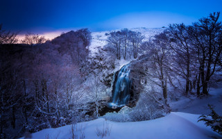 Waterfall snowy forest night blue - night free wallpaper