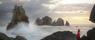 Woman red dress ocean waterfall - a waterfall in the background free wallpaper for desktop