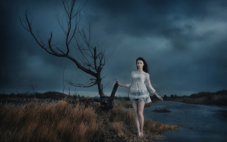 Woman white dress field tree 2 - a path in a field free wallpaper