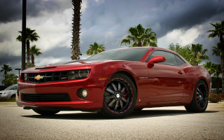 Red sports car palm trees 3 - dark cloud free wallpaper