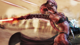 Futuristic woman gun lightsaber city - a light saber free wallpaper