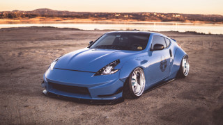 Blue sports car lake mountains - widescreen free wallpaper for desktop