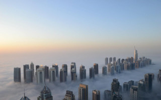 City foggy skyline neoism architecture - volumetric fog free wallpaper