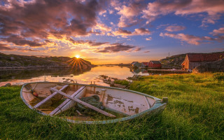 Boat grass sunset water bridge - free ship wallpaper