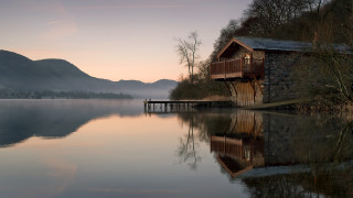 Lake mountains house sunset reflection - a reflection of the water free wallpaper