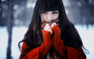 Woman black hair red sweater - long black hair free wallpaper