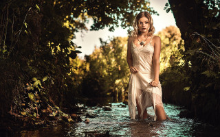 Woman white dress forest water - a forest setting free wallpaper