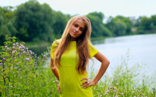 Woman yellow dress flower field 2 - anna hotchkis free wallpaper