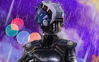 Futuristic man rain cyberpunk city - retrofuturism free wallpaper