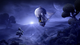 Large balloon hillside fullmoon trees - dreamlike free wallpaper
