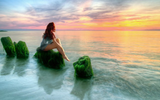 Woman rock ocean sunset beach - dreamlike free wallpaper