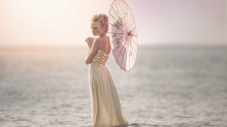 Woman dress umbrella water sunset - emma geary free wallpaper for desktop
