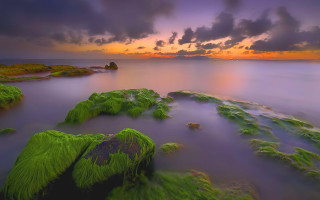 Sunset water mossy rocks mystical - arthur sarkissian free wallpaper