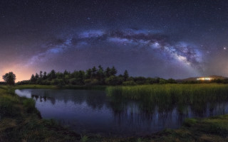 Night sky stars lake trees 3 - grass and trees free wallpaper