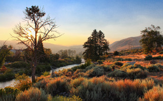 River forest mountains sunset autumn - ambrose mccarthy patterson free wallpaper