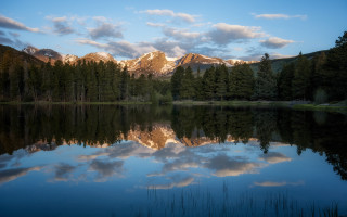 Mountain reflection lake trees clouds 9 - dawn free wallpaper
