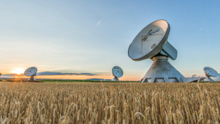 Satellite dishes wheat sunset clouds - artistic free wallpaper