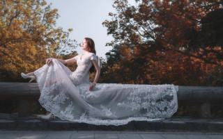 Woman white dress park autumn - over her free wallpaper