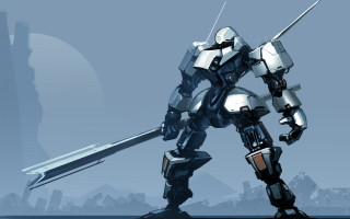 Robot sword mountain city blue - mecha free wallpaper for desktop