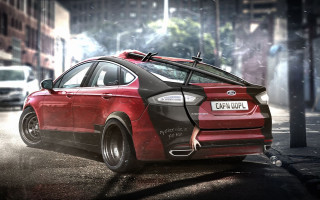 Red car surfboard city street - foto realistic free wallpaper