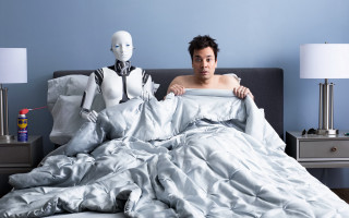 Man robothead bed white dress - bed free wallpaper