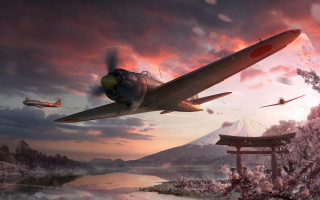 Plane lake pagoda mountain sunset - game art free wallpaper for desktop