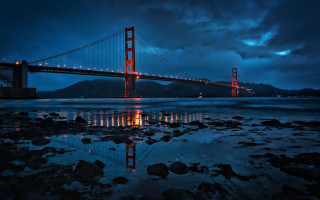 Night bridge reflection city lights 3 - photography free wallpaper