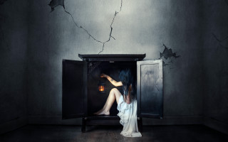 Woman cabinet dark room light - liminal space free wallpaper