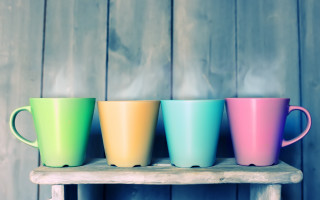 Colorful cups wooden table wooden - a wooden chair free wallpaper