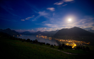 Full moon lake mountains cityscape - moonlight free wallpaper for desktop
