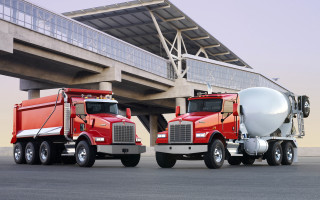 Red trucks under bridge mural - public free wallpaper