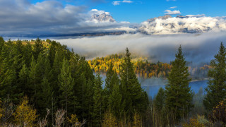 Forest lake mountain clouds sunset - a lake below free wallpaper