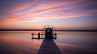 Sunset dock lake cityscape mountains - a dock free wallpaper