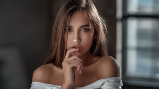 Woman white dress finger lips - under her chin free wallpaper