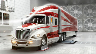 Semi truck parked white wall - a large room free wallpaper
