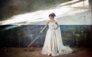 Wedding dress woman sword beach - a woman in a wedding dress holding free wallpaper