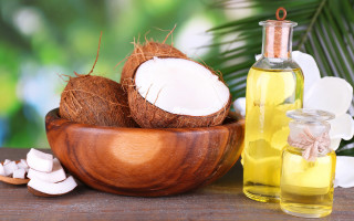 Coconut oil bottle bowl coconuts - product photography free wallpaper