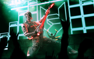 Man red guitar stage green - metal free wallpaper