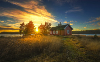 Small house lake sunset green - arvid nyholm free wallpaper