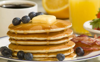Pancakes syrup blueberries bacon orange - a stack of pancakes free wallpaper