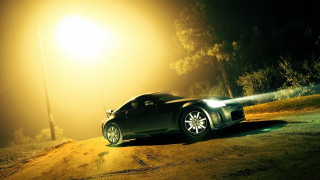 Car night lighting trees matte - derek hill free wallpaper