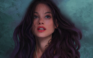 Woman longhair necklace greenbackground bluetablet - a blue wall free wallpaper