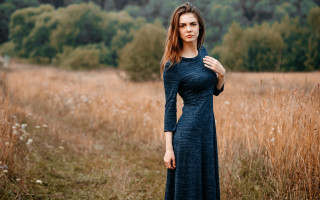 Woman blue dress field trees - tall grass and trees free wallpaper