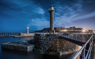 Lighthouse pier night moon cityscape - a lighthouse free wallpaper