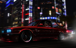 Red car city street night - outrun free wallpaper