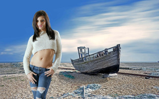 Woman beach boat sky city - a beach next free wallpaper