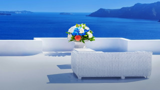 Vase flowers couch ocean mountains - a white couch free wallpaper