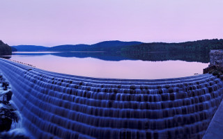 Waterfall lake dusk landart bridge - a large waterfall free wallpaper
