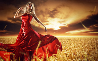 Woman red dress wheat sunset - overhead in the sky free wallpaper